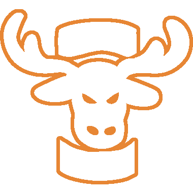 A white, angry dear head between two disks with an orange outline.